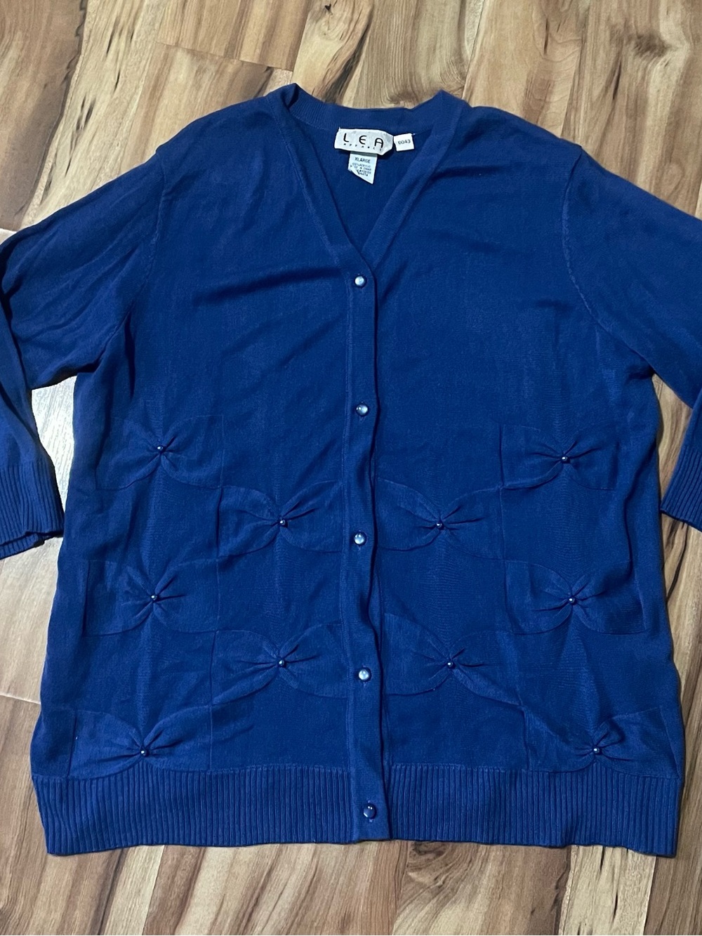 LEA Vintage Royal Blue V-Neck Cardigan Bow Detail Beaded Knit Sweater XL